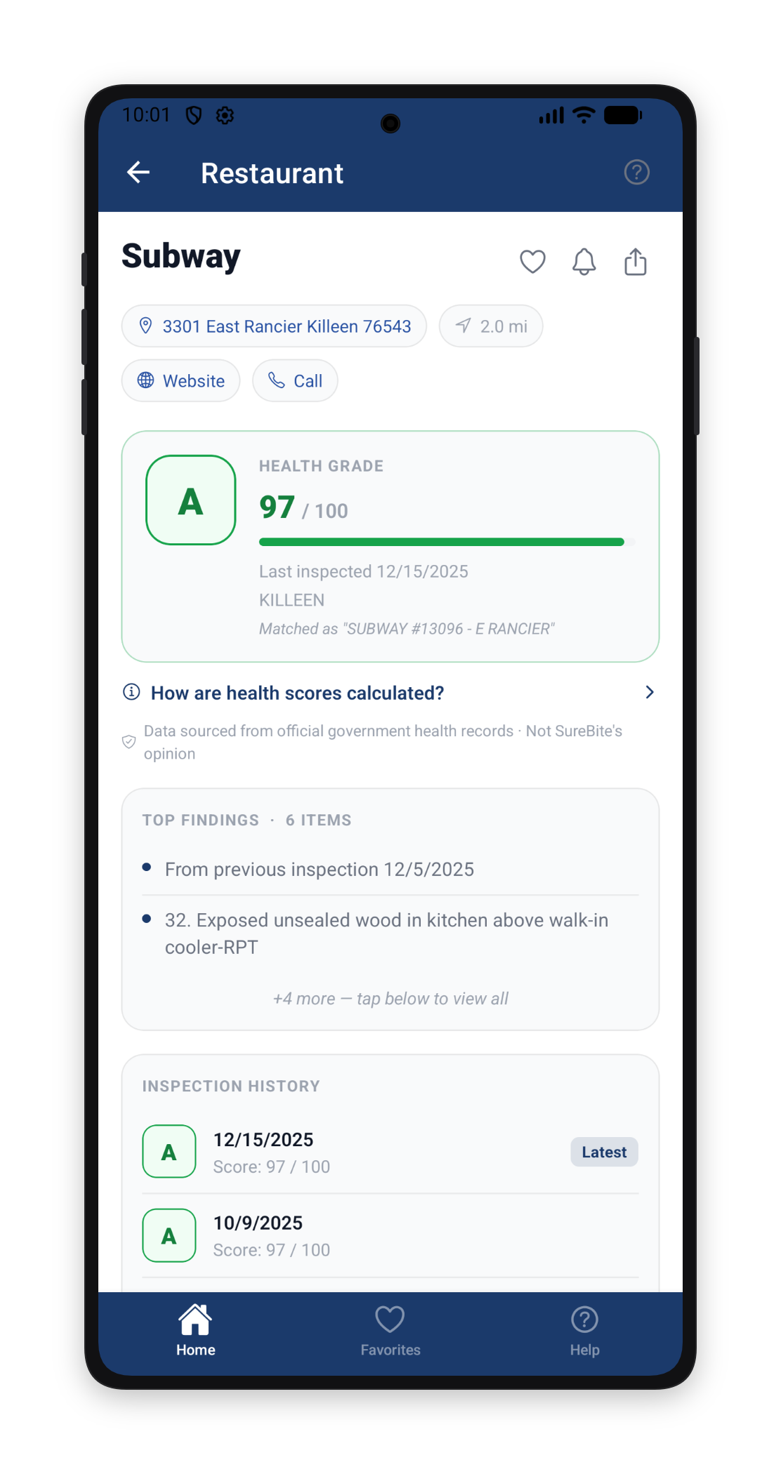 Restaurant detail with health grade